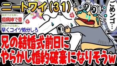 【2chの面白い話題】【2ch面白いスレ】兄の結婚式前日にやらかし婚約破棄になりそうなんだがw→結果wwww【ゆっくり解説】【バカ】【悲報】